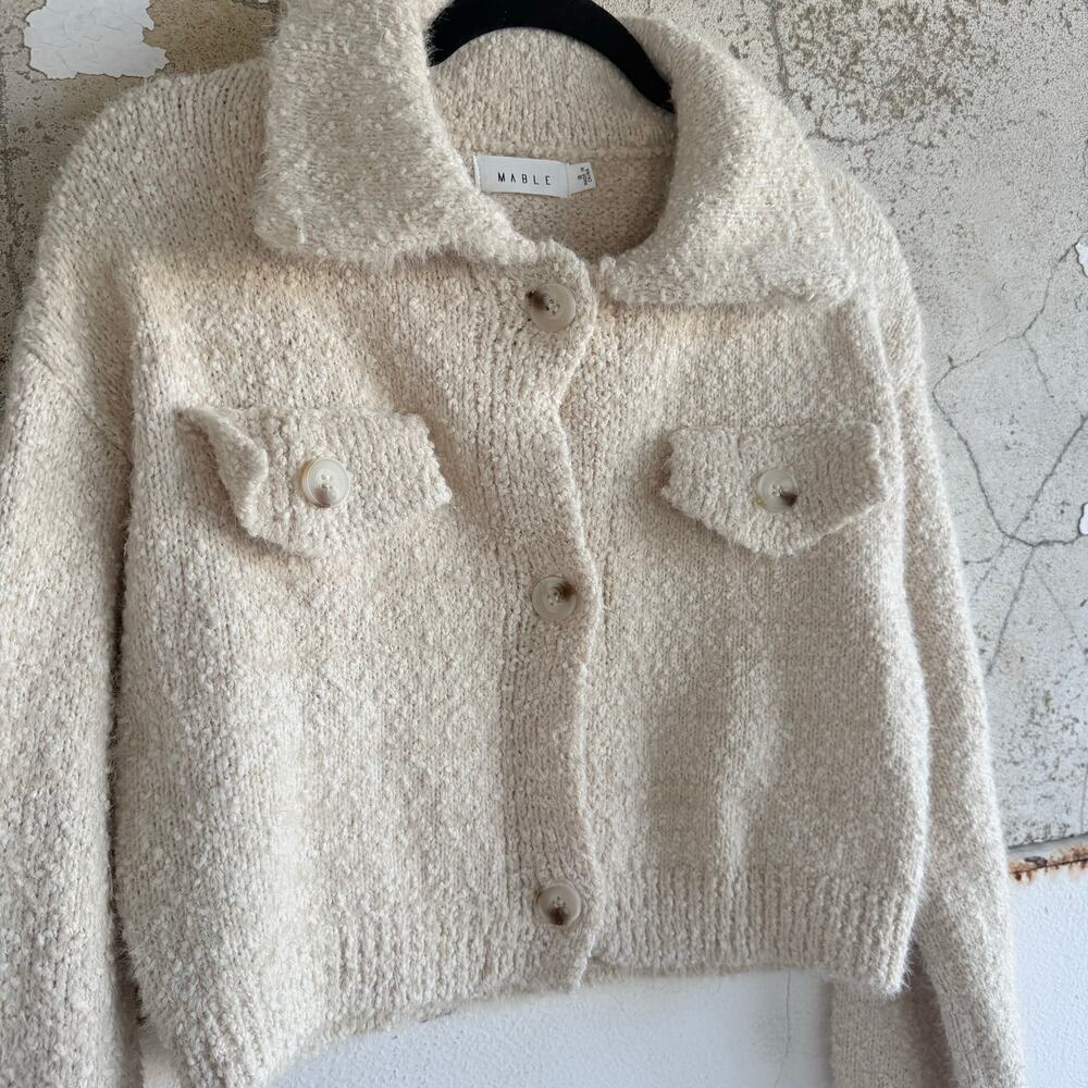 Mable Sweater Jacket Boucle Knit Cropped Fuzzy Teddy Knit Womens S Minimalist - Picture 3 of 9